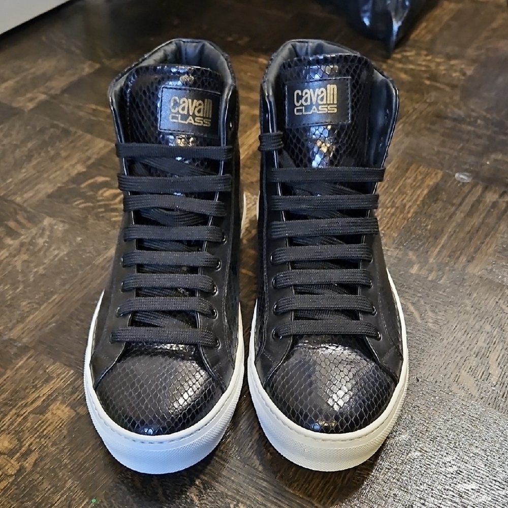 Cavalli Class Snakeskin Embossed Leather High Top Sneakers